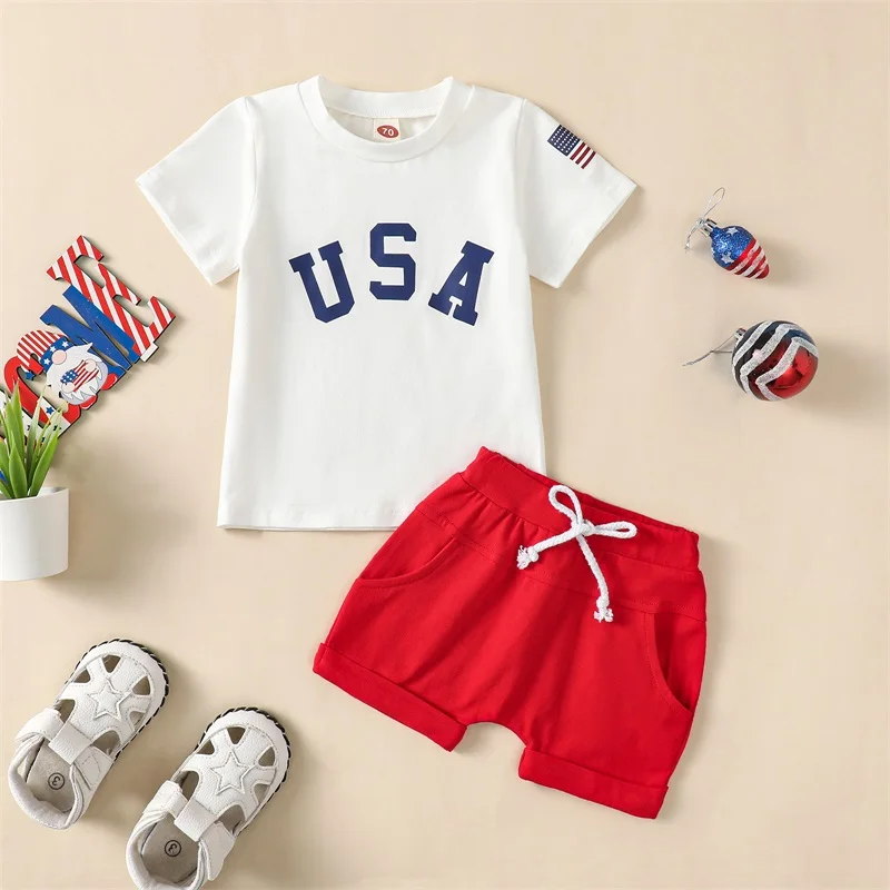 Boys Patriotic Outfit Short Sleeve Tee with USA Flag Print and Elastic Waist Shorts Set for Fourth of July Celebration