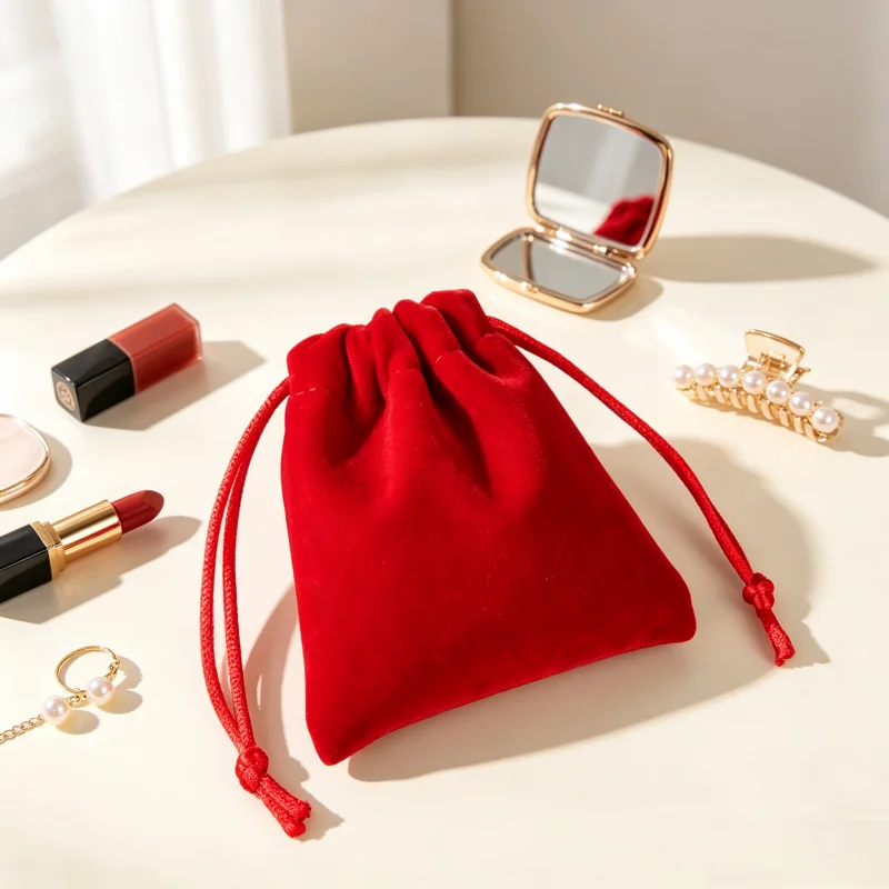 Red Velvet Drawstring Bag Jewelry Pouch Soft Gift Storage Draw String Bags for Women Rings Earrings Cosmetic Small Accessories