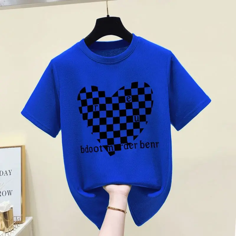 Summer T Shirt for Women 2023 New Korea Fashion Klein Blue Cotton Short Sleeve Love Print Designer Loose Slim Top Women Clothing