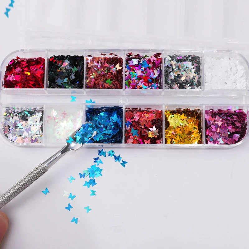 12 Grids/box Ultra-thin Glitter Gradient Nail Enhancements Butterfly Sequins Star Bow Shapes Nail Art Decorations Accessories