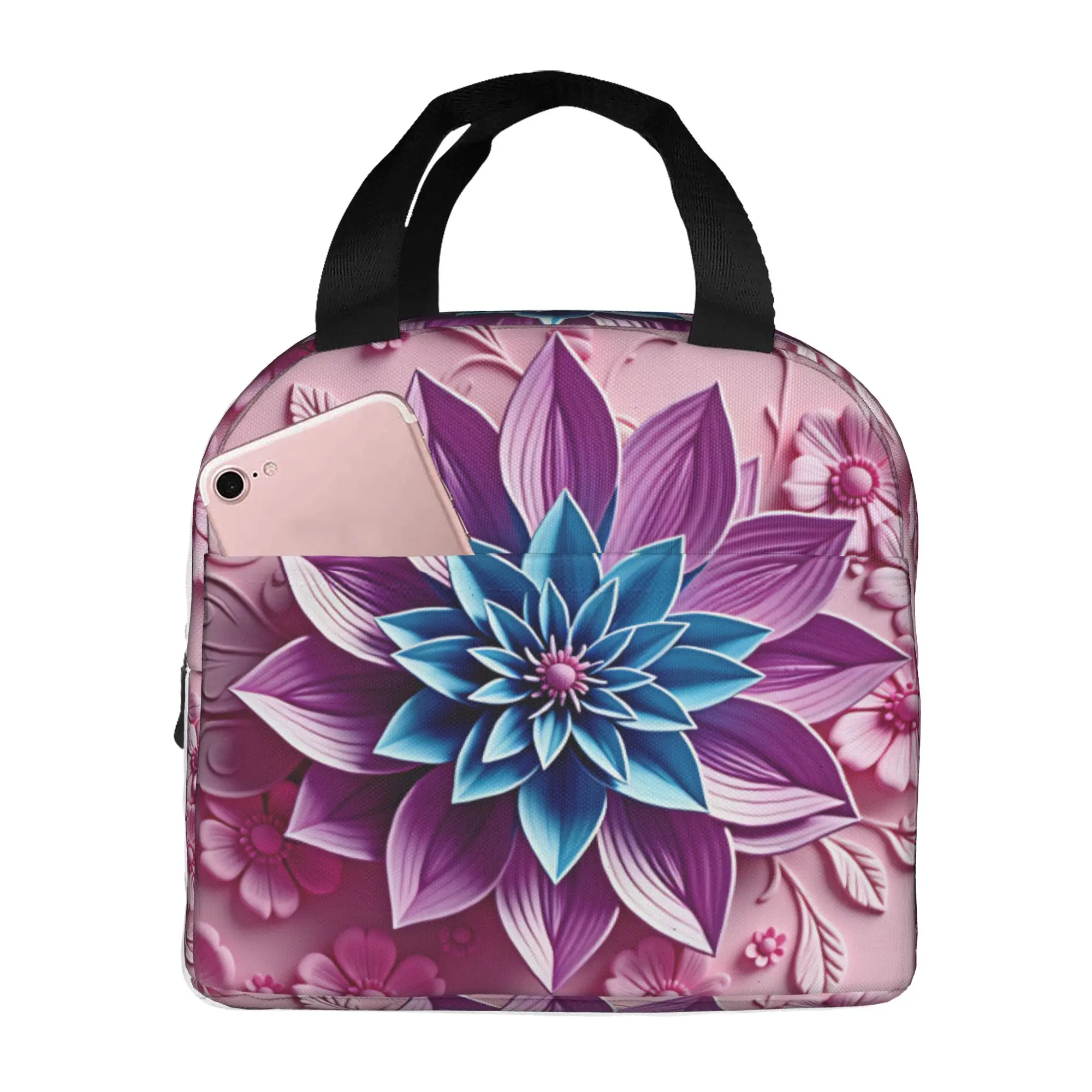 Luxury High 3D Floral Portable Lunch Boxes for Women Waterproof Fashion Trend 3D Flowers Thermal Cooler Food Insulated Lunch Bag