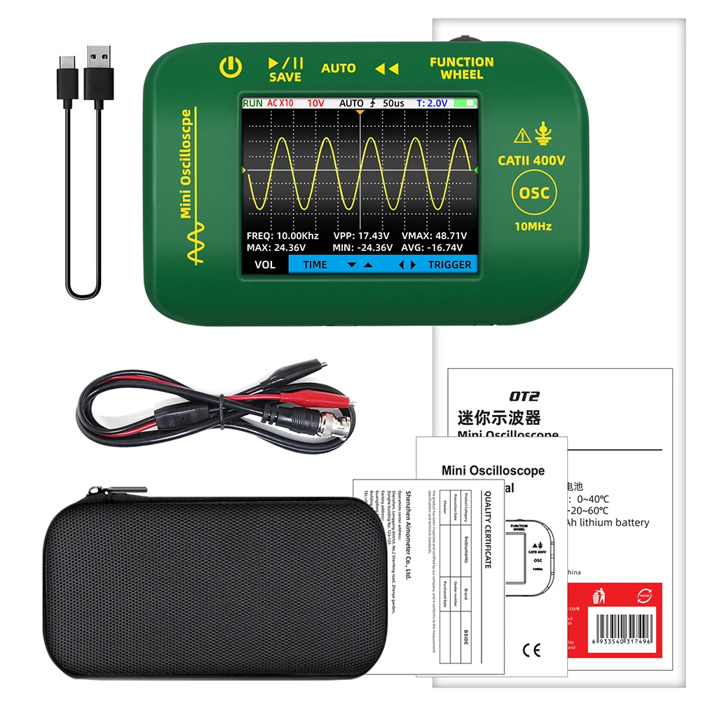 Mini multímetro de osciloscopio Digital OT2 2 en 1, generador de señal de 10MHz, 48MSa/s, herramienta de prueba gráfica de almacenamiento de datos LCD grande