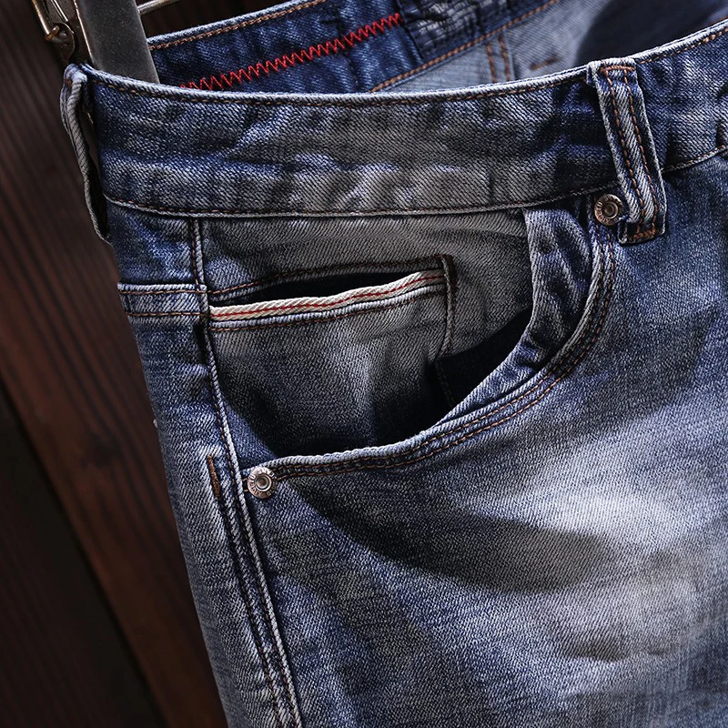 Streetwear Fashion Men Jeans High Quality Retro Blue Stretch Slim Fit Hole Ripped Jeans Men Vintage Designer Denim Pants Hombre