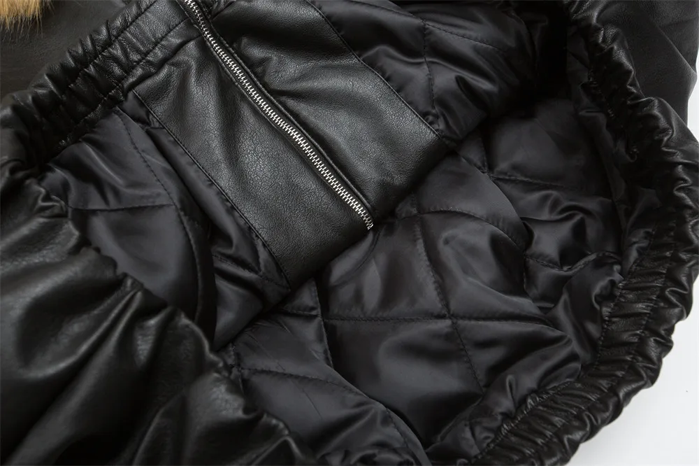 2025 Winter Männer Haarigen Kragen Mit Kapuze PU Leder Jacke Bomber Baumwolle Dicke Warme Mantel Amerikanischen Stil Oberbekleidung – Detail 8