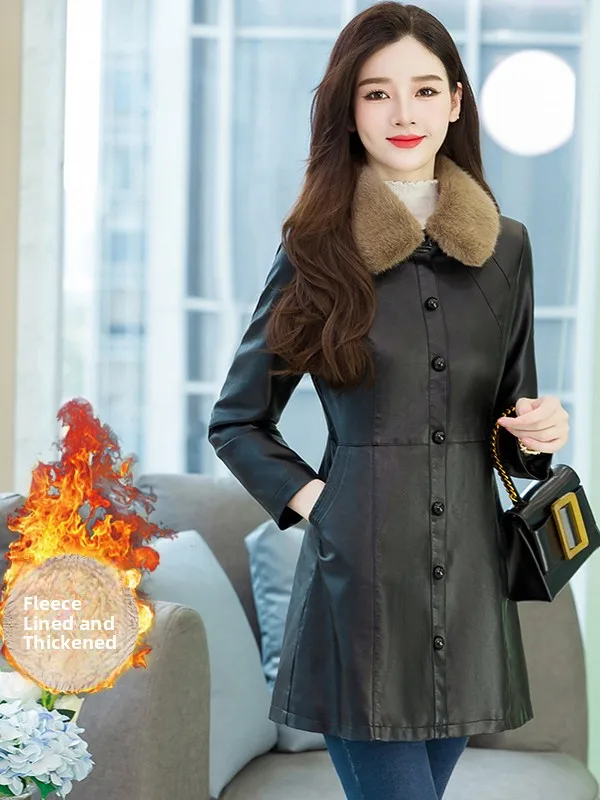 Thiened Fce Leather Jaet Women's Winter Clothes 2025 Winter New Faion Casual Warm Top Mid-Length Commute Sle