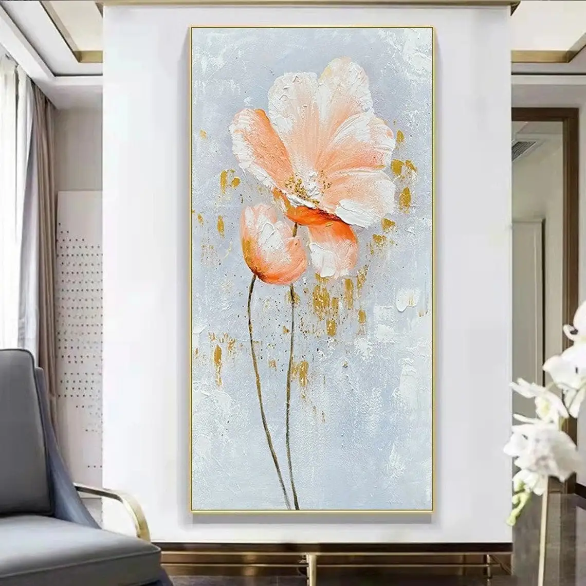 

100% Handmade Orange Flower Oil Painting Modern Art Picture Living Room Luxury Abstract Art Corridor Aisle Wall Decor Home Decor