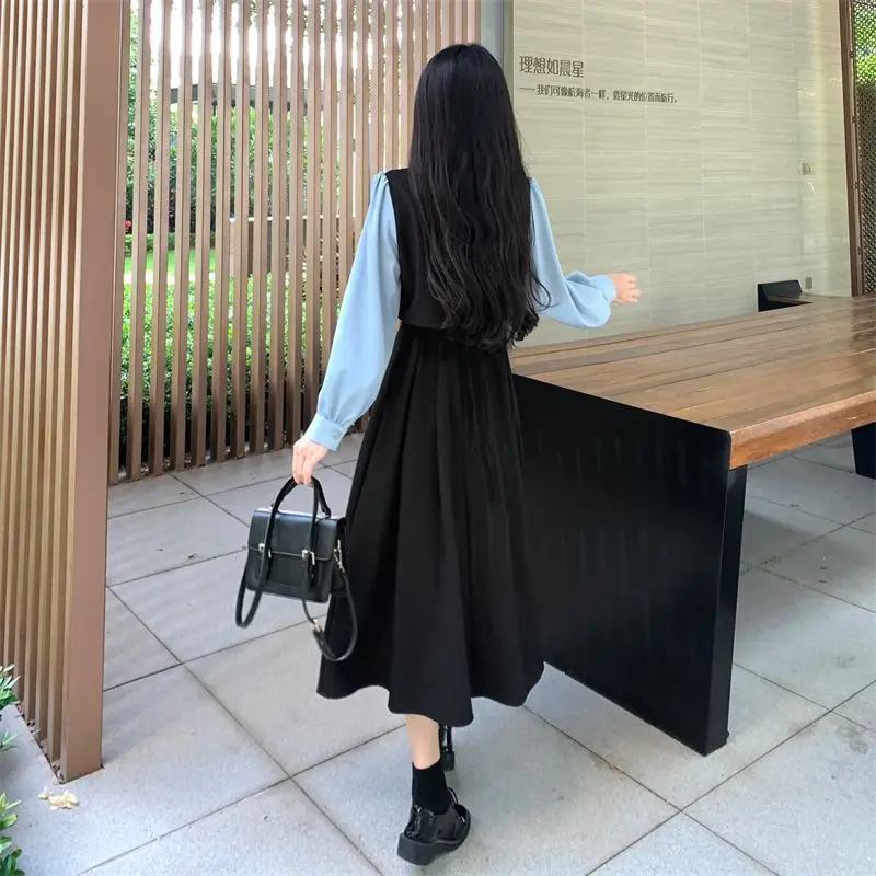 French Retro College Style Fake Two Piece Dress for Female Students Korean Version Loose Splicing Waist Slimming A-line Skirt