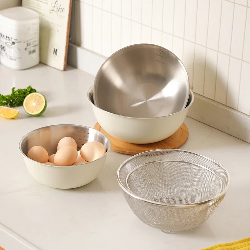 Stainless Steel Drain Basket Washing Vegetable Fruit Rice Basket Basin Kitchen Washing Whipping Egg  Salad Bowl