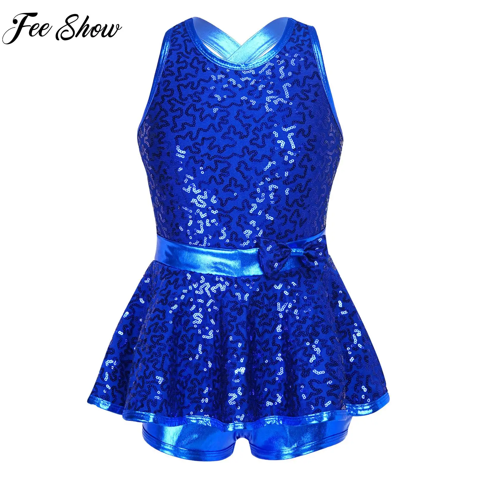

Children Girl Jazz Modern Tap Dancewear Sleeveless Sequined Criss Cross Back Waist Bowknot Ballet Dance Dress Gymnastics Leotard