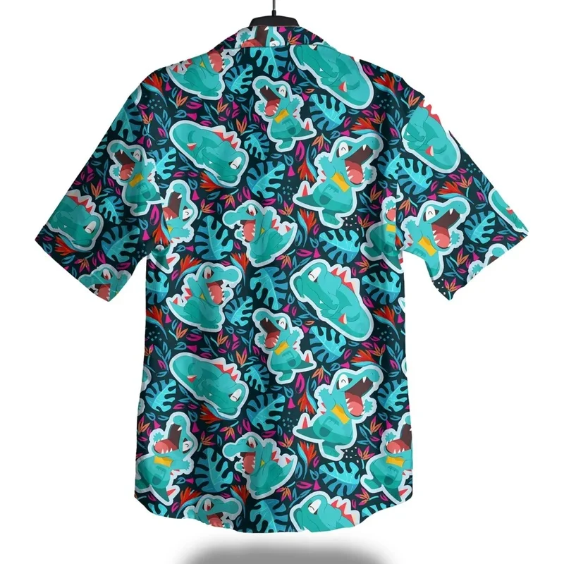 American Cartoon Green Dinosaur Full Printed Short Sleeved Shirt Men's Black Base Tropical Leaf Retro Loose Beach Shirt