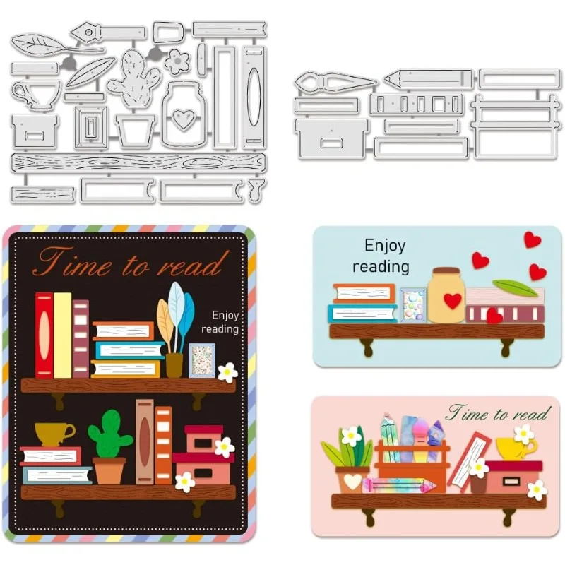 2PCS Stacked Book Bookshelf Desk Cutting Dies Office Potted Plant Carbon Steel Embossing Stencils Template for Decorative