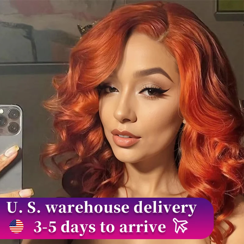 Glueless Wig Ginger Orange Loose Wavy Bob Wig Human Hair Left Part 6x6 HD Closed Lace Wig #350 Color Wig Short Body Wavy Wig Wom