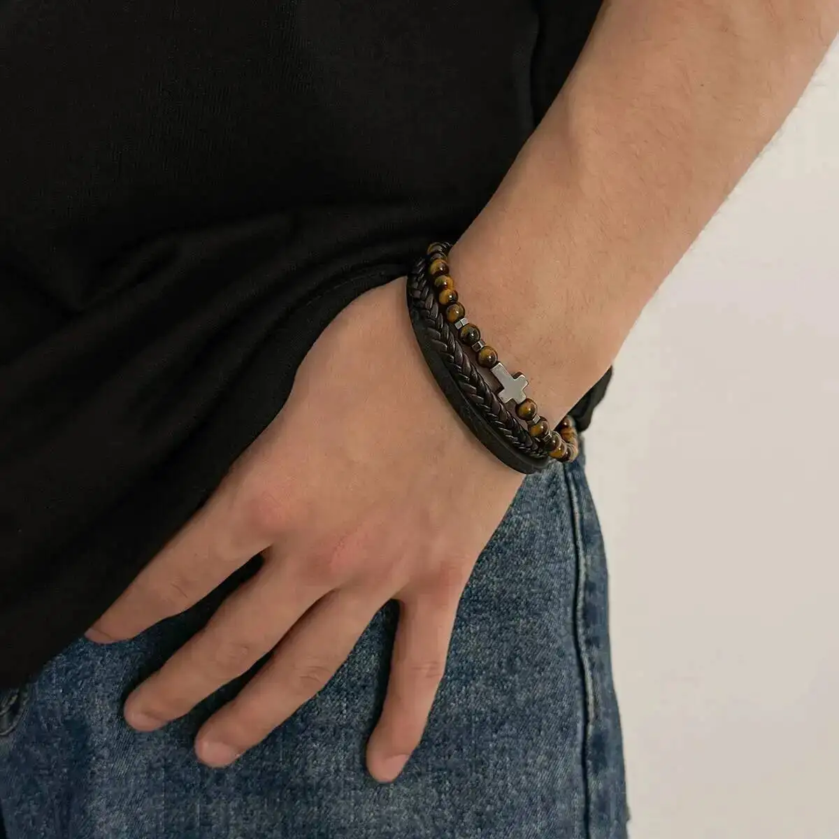 IngeSight.Z Trend Creative Woven Wide Leather Bracelet for Men Punk HipHop Waterproof Stainless Steel Cross Bangle Charm Jewelry