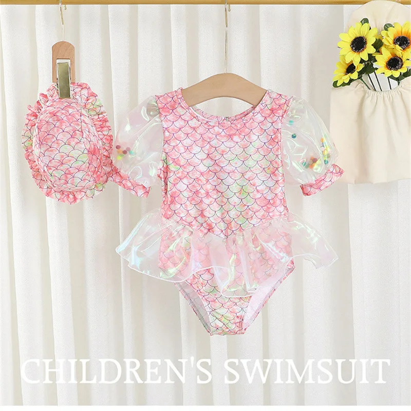 

Baby Girl Sweet Swimsuit Kids Jumpsuits Princess Sequin Beachwear Children Summer Cute Hemline Pool Clothes New Toddler Swimwear