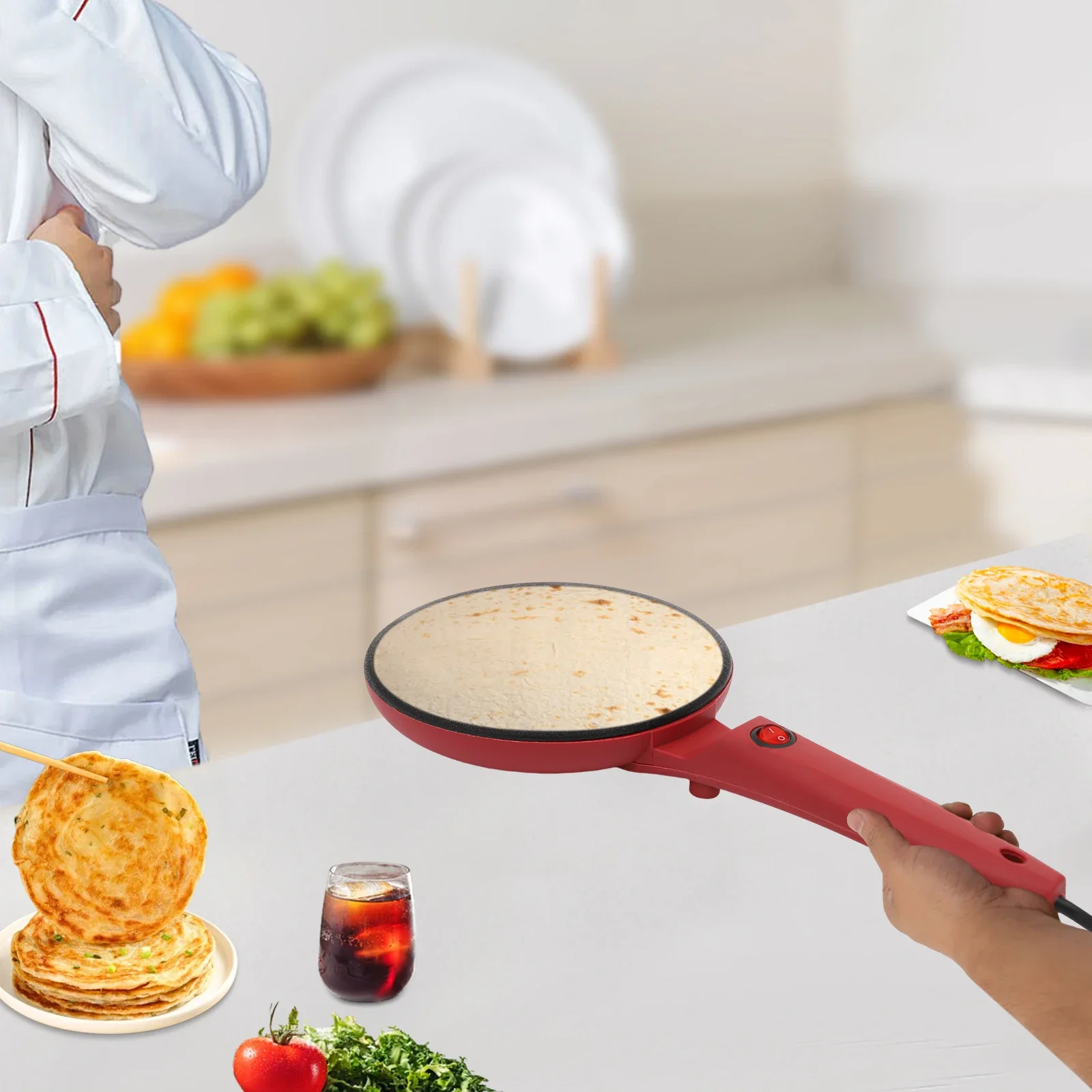 550W 8In Crepe Maker Machine Portable Household Pancake Machine With Egg Beater Crepe Pan Non-Stick Frying Griddle Machine