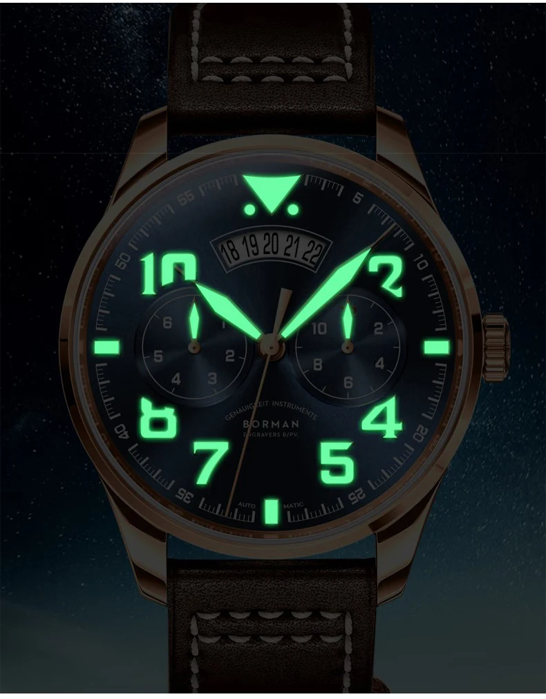 Borman Orologio automatico da uomo 42mm Orologio da polso meccanico pilota Zaffiro luminoso Miyota 9122 Mese Data della settimana