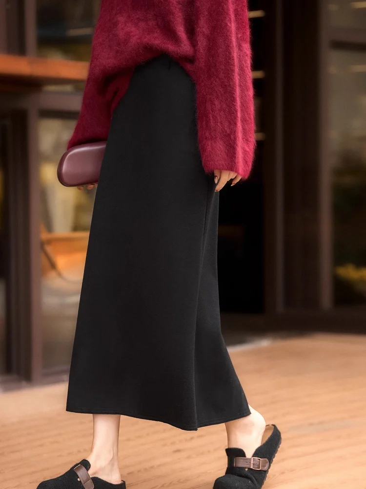 Birdtree, Kaschmir-Mischrock für Damen, elastische Taille, modische, lockere Röcke, hinten geschlitzt, Pendler-Stil, 2025 Herbstneu D5D602JF