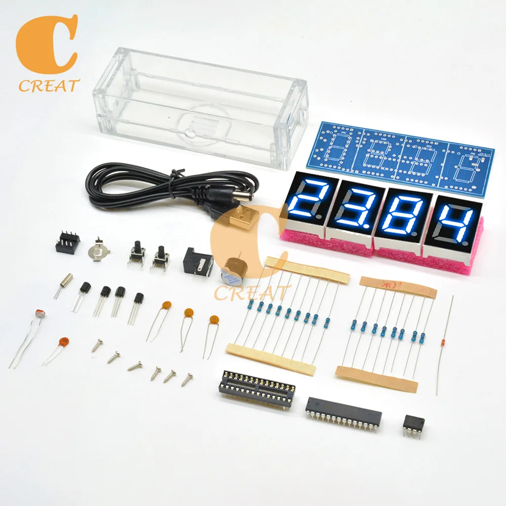 Electronic Clock LED Microcontroller Digital Display Light Control Temperature Thermometer 4-Digit With Transparent Case DIY Kit