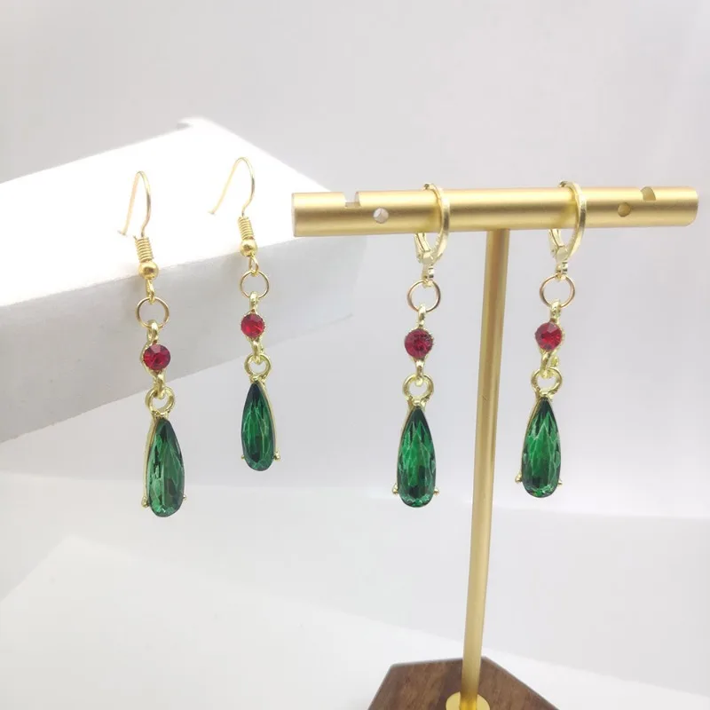 Waterdrop Green Crystal Dangle Earrings No Piercing Ear Clips Hoops Cute Fantasy Cartoon Fashion Alloy Jewelry Daily Wear Ear