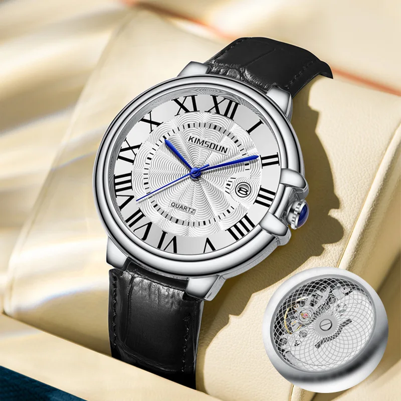 Brand Men's Watch Business High-end Transparent Waterproof Leather Strap Rome Male Fashion Quartz Clock Watches Gift