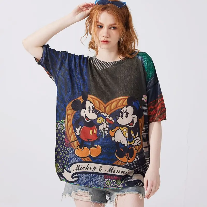 

Disney Милый мультфильм Микки Летняя новая футболка с коротким рукавом Корейский стиль Ледяной шелк Вязаный топ с круглым вырезом Свободные универсальные нишевые футболки
