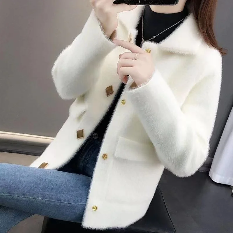 Coat Women\'s 2023 Winter New Korean Version Imitation Mink Velvet Suit Collar Long Sleeve Pocket Loose Fairy Cardigan Jacket