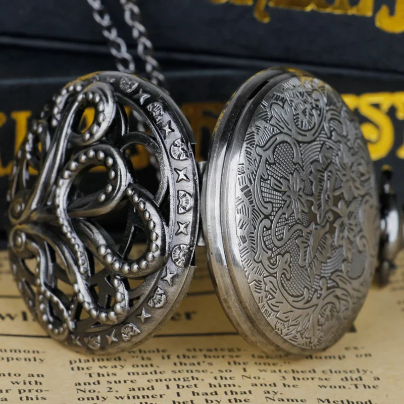 Hot Sale Black Octopus Hollow Carved Quartz Pocket Watch Color Dial Fashion Exquisite Pendant Necklace Chain