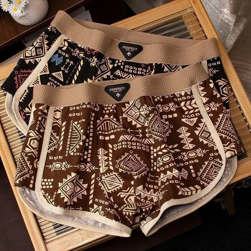 

Vintage Print Men's Cotton Boxer Shorts Home Leisure Sleepwear Antibacterial Flat Angle Underwear Comfortable Underpants