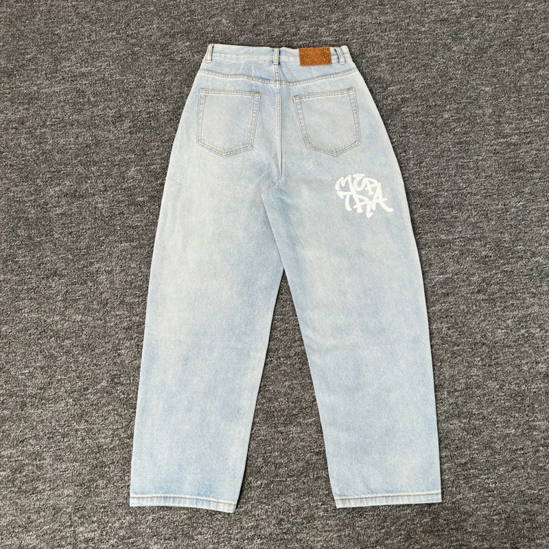 

Real Picture Mertra Jeans Light Blue Letter Print Straight-leg Jeans High Street Men Women Fashion New Denim Trousers Streetwear