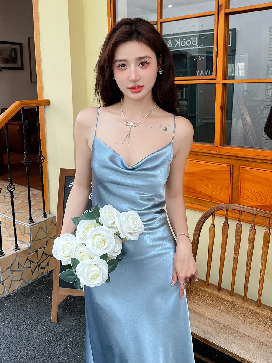 Frauen Sommer Sexy Schwingen Kragen Acetat Langes Kleid Dame Elegante Einfarbig Elegante Ärmellose Party Urlaub Kleid