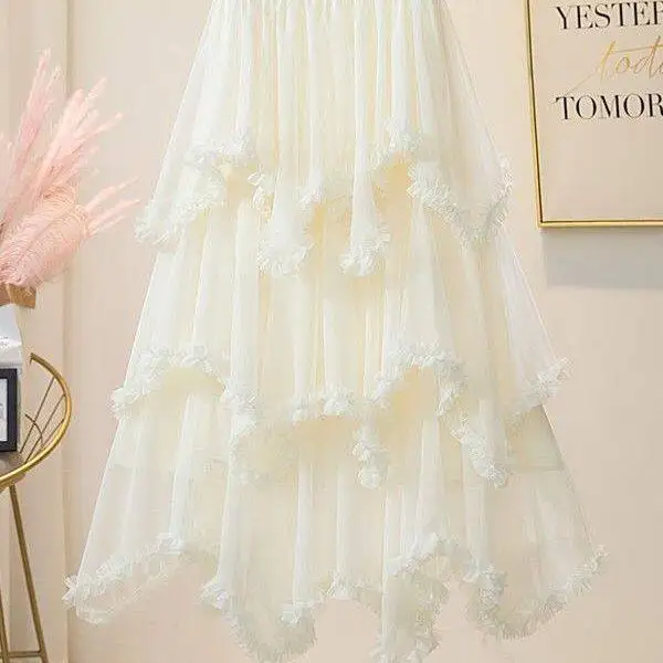 Casual High Waist Mesh Half Skirt Women's Spring Fashion Design Asymmetrical A-Line Umbrella Skirt with Wood Grain Ruffle