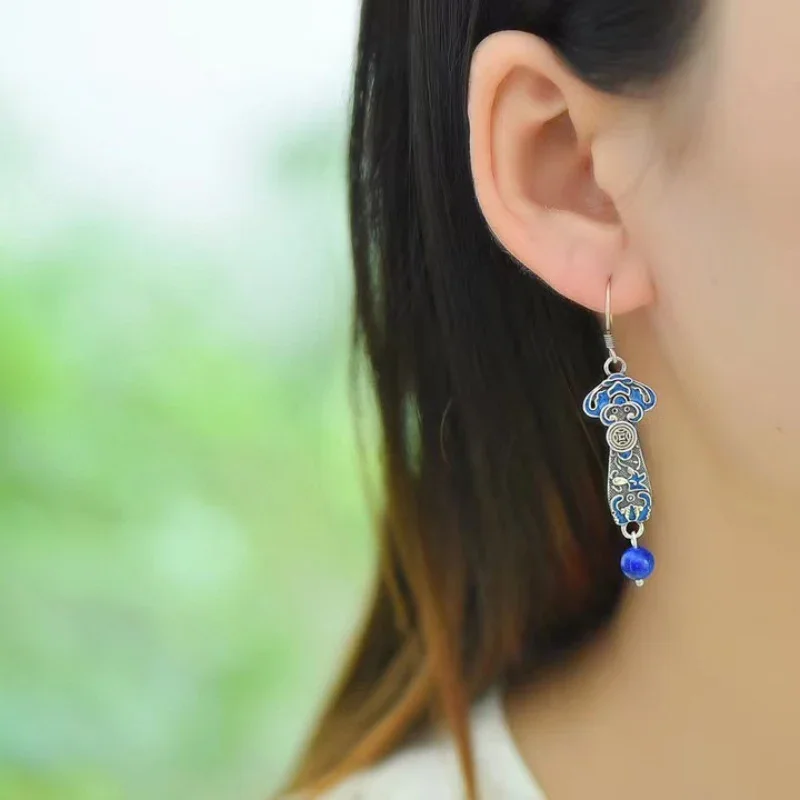 National Style Red Agate Earings 925 Silver Blue Retro Ruyi Lapis Lazuli Earrings for Women Exquisite Banquet Jewelry