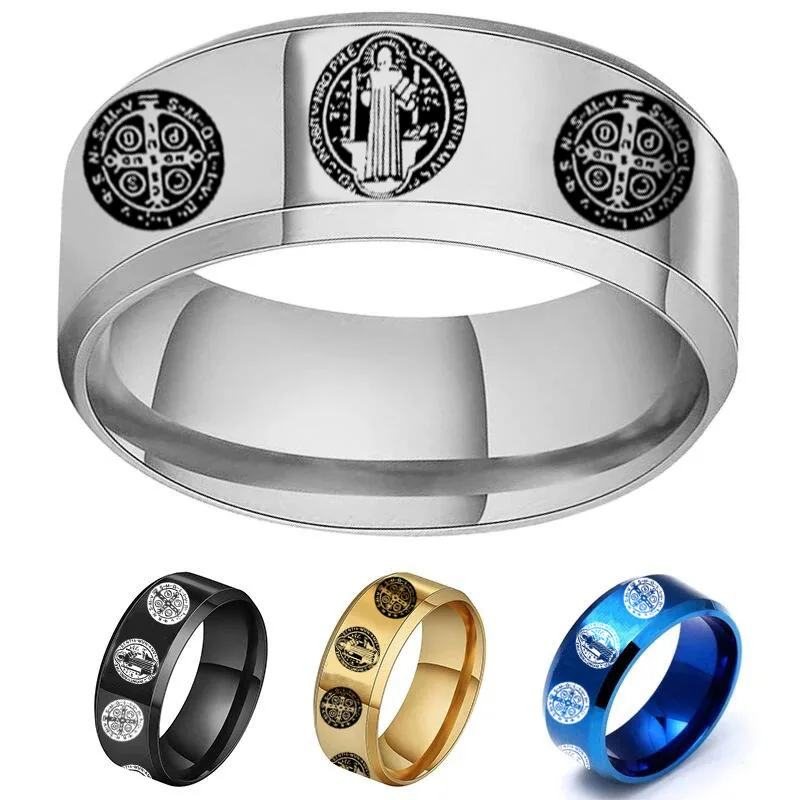 

Stainless Steel San Benito Cross Rings For Women Men Gold/Silver Color Metal St Benedict Ring Wholesale 10pcs