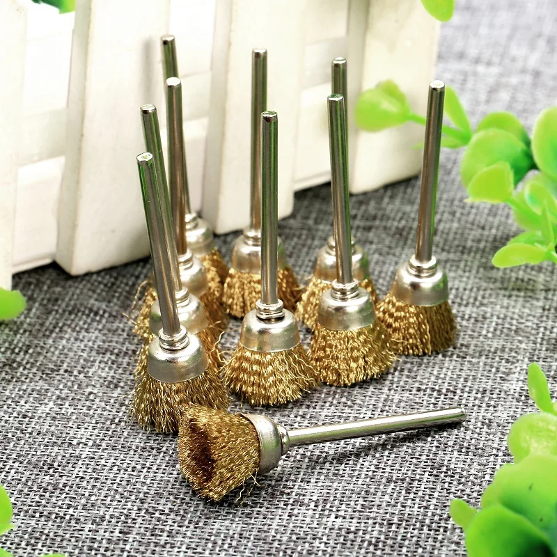 10Pcs 15mm Grinding Buffing Polishing Brush Wheel 3mm Mandrel Brass Wire Cup Brush for Dremel Accessories Rotary Tool Cleaning