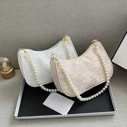 Womens Minimalist Pleated Underarm Bag French Retro Pearl Chain Shoulder Crossbody Bag Fashion French Stick Bag