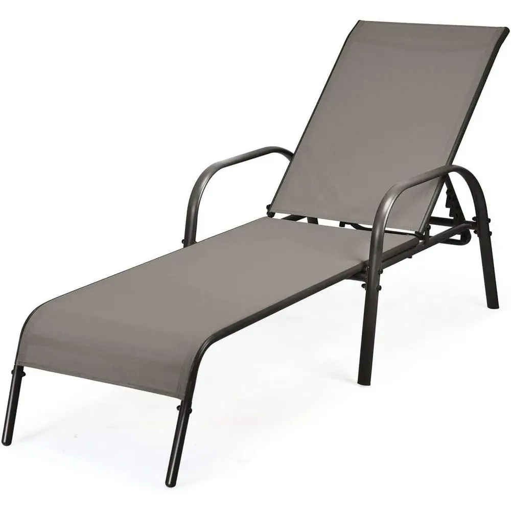 

Curved Armrest Outdoor Patio Chaise Lounge with 5-Position Adjustable Backrest, Steel Frame and Breathable Fabric, Ideal for Poo