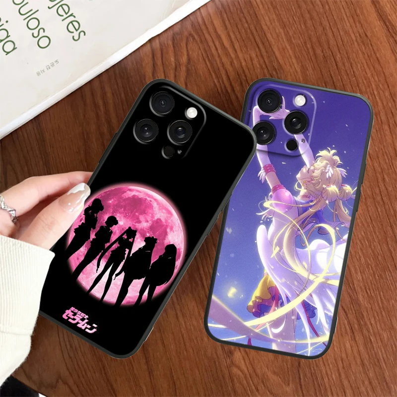 Capa de Telefone Sailor Moon para iPhone, Moda Bonito, Funda Preta, iPhone 15, 14, 13, 12, 11, XS, XR, X, 8, 7, SE Pro Max, Mais, mini