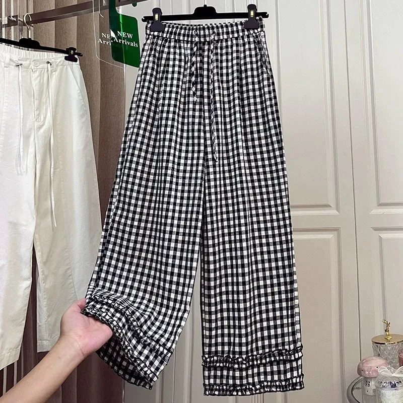 

Летние свободные брюки в клетку с прямым кроем, женские, из тонкого дышащего льна, укороченные, в уличном стиле