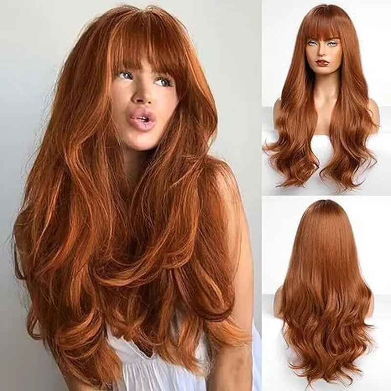 European and American style women's with air bangs, orange large wavy long curly synthetic hair wig