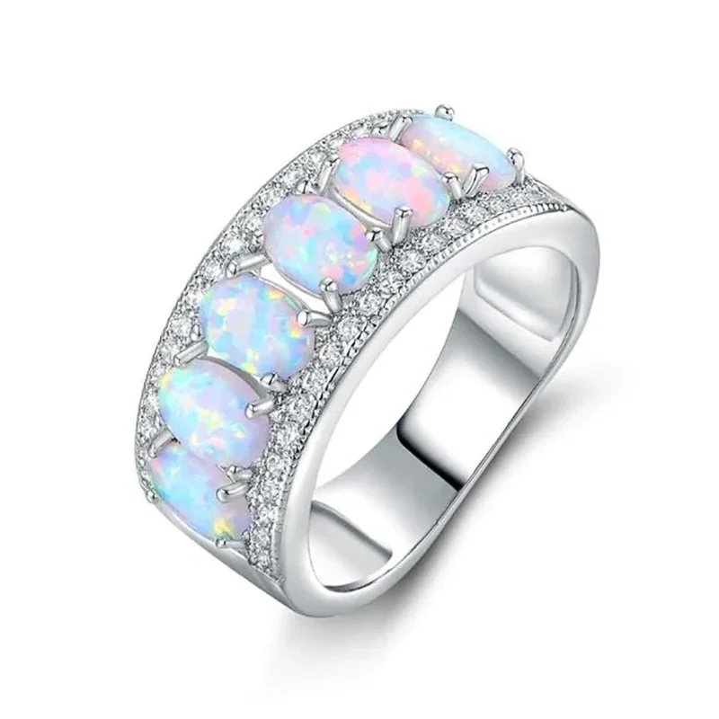 Huitan Gorgeous Imitation Opal Stone Rings for Women Unique Shiny Cubic Zirconia Wedding Band Jewelry Noble Finger Accessories