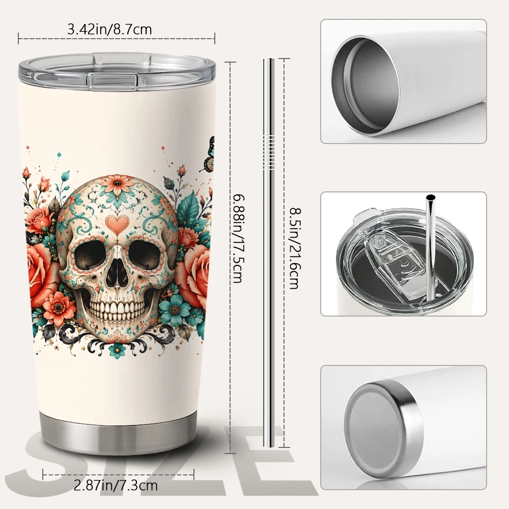 Skull Rose Butterfly Vacuum Flasks 20oz Vacuum Flask Double Wall Insulated Coffee Tumbler With Lid&Straw Hot Cold Drinks&gift