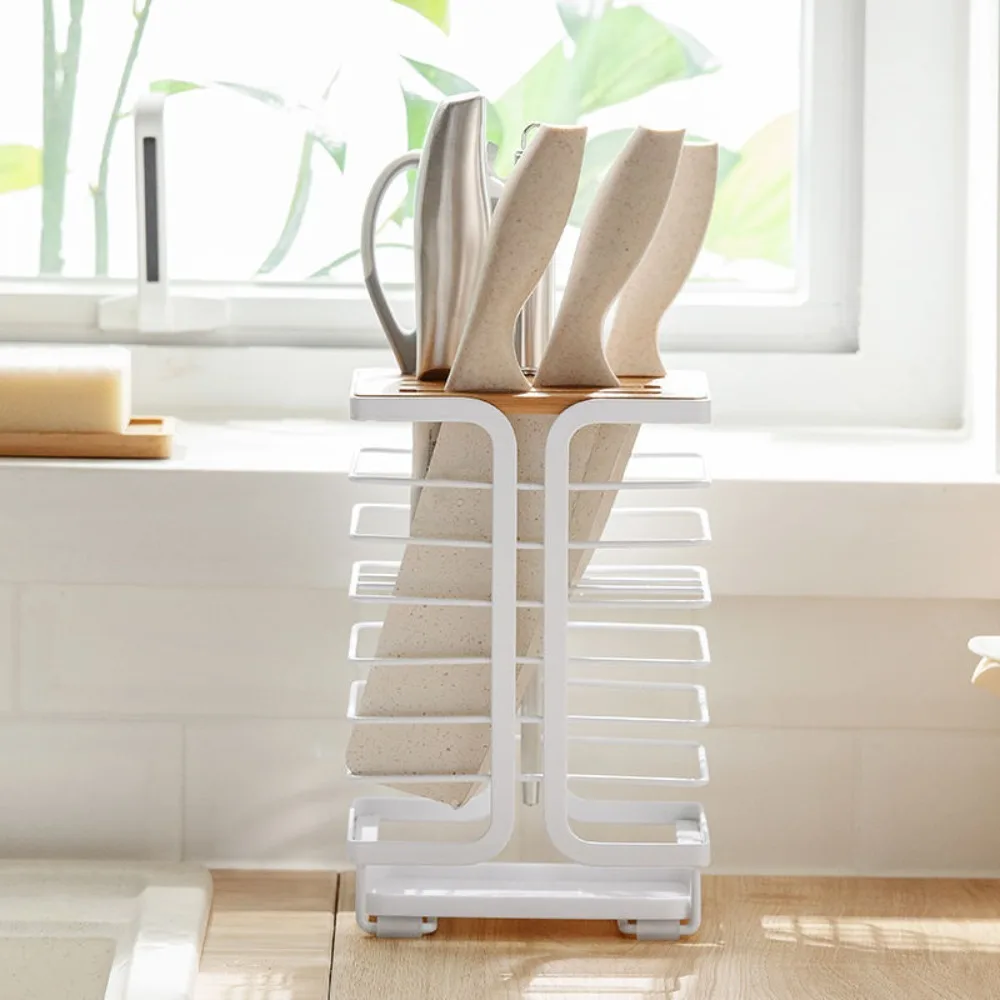Multiple Slots Kitchen Cutter Holder with Drain Tray Ventilated Kitchen Cutter Organizer Metal Stable Cutter Storage Rack