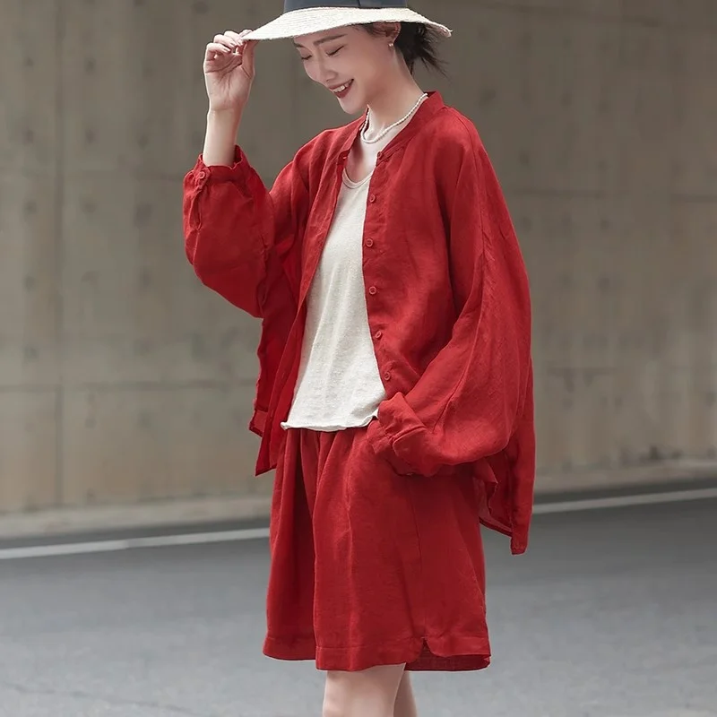 ヴィンテージ夏ラミー衣装ルーズカジュアルショーツスーツ女性ブラウスワイドレッグショーツ 2 点セット日焼け止め