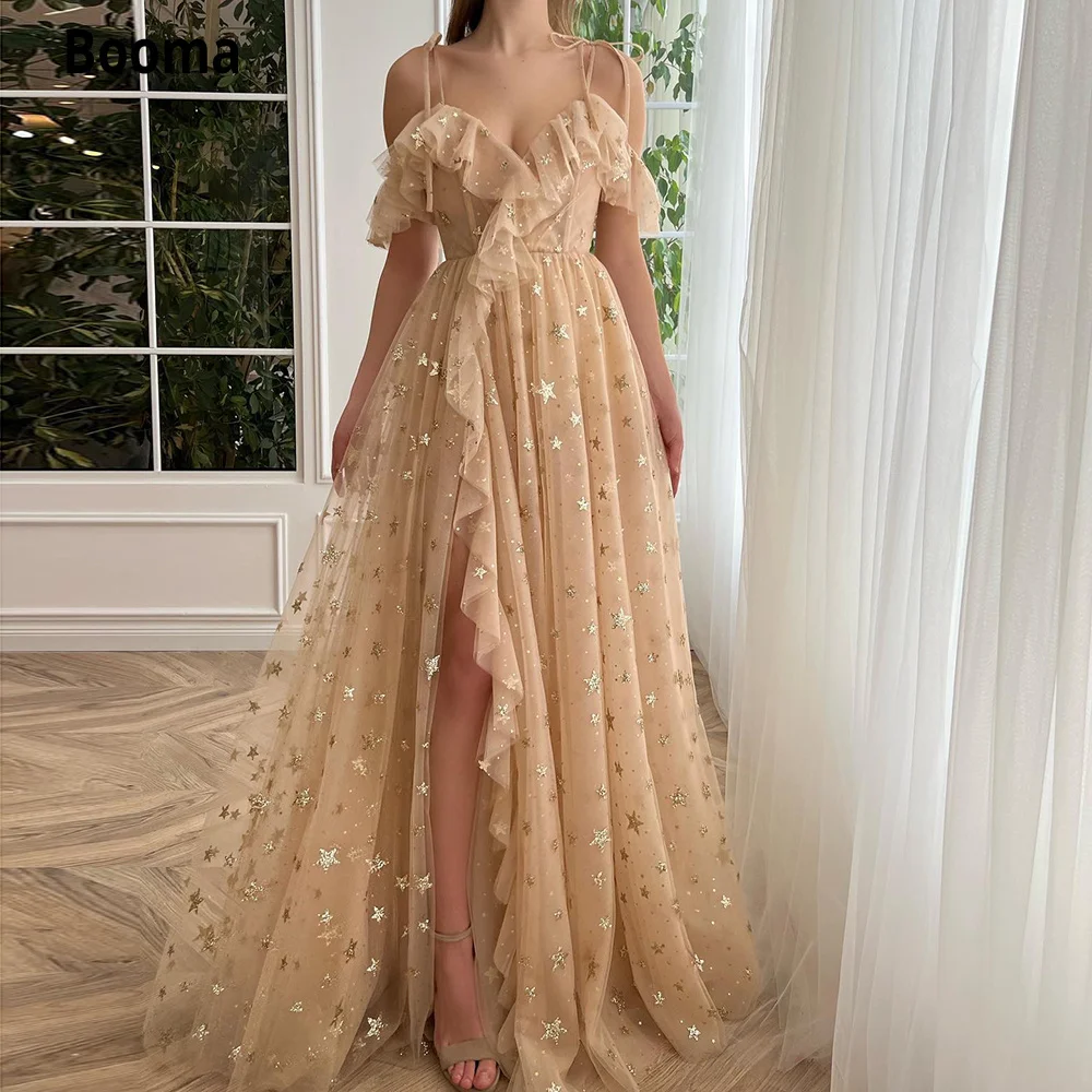 Booma Champagne Starry Tulle Prom Dresses Spaghetti Straps Ruffles High Slit A-Line Party Dresses Maxi Formal Evening Gowns