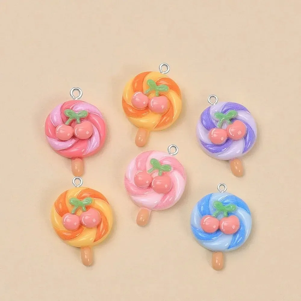 10Pcs Mini Candy Resin Charms Kawaii Cartoon Cherry Lollipop Pendants DIY Jewelry Making Materials For Handcraft Decor