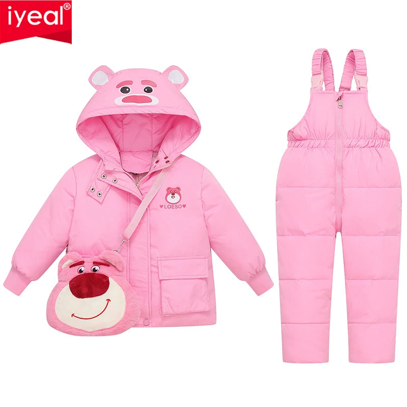 

IYEAL New Kids Winter Down Jacket Clothing Set 2pcs Baby Girls Boys Warm Overalls Cute Hooded Children Down Coat Winter Snowsuit