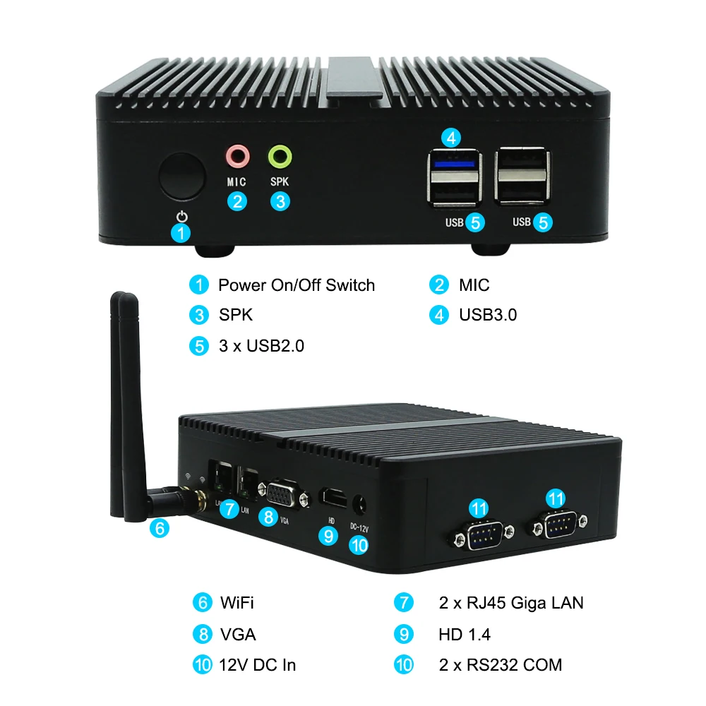EGLOBAL Fanless Mini PC Intel Celeron J1900 Quad Core Gigabit Ethernet 4USB HDMI VGA Display Suporte WiFi Windows Linux