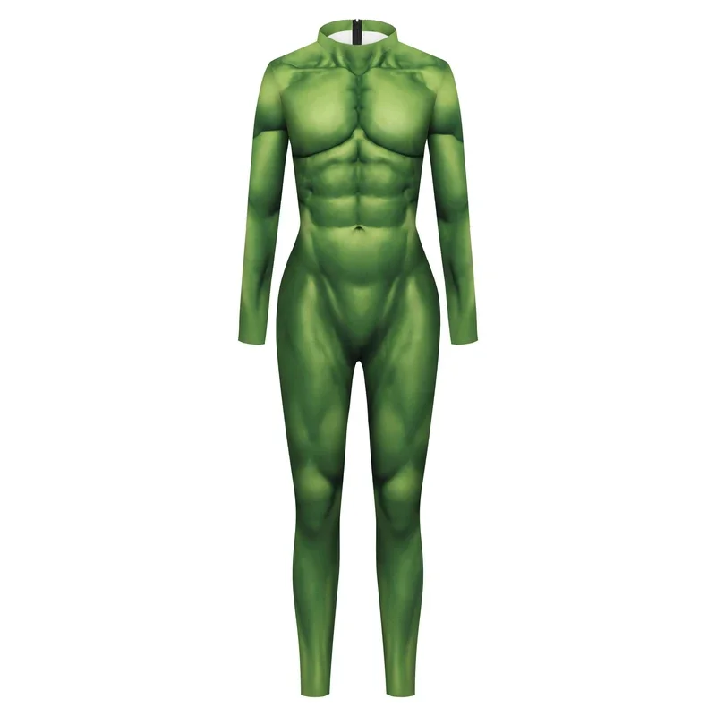 Cosplay costume Halloween carnival Purim Green muscle 3D print men jumpsuit spandex zentai bodysuit women men holiday party wear
