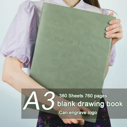 (Can Engrave Logo) A3 Extra Large Student Notebook, Blank Inside Pages, Art Sketch Book, Painting Book, 380 Sheets, 760 Pages