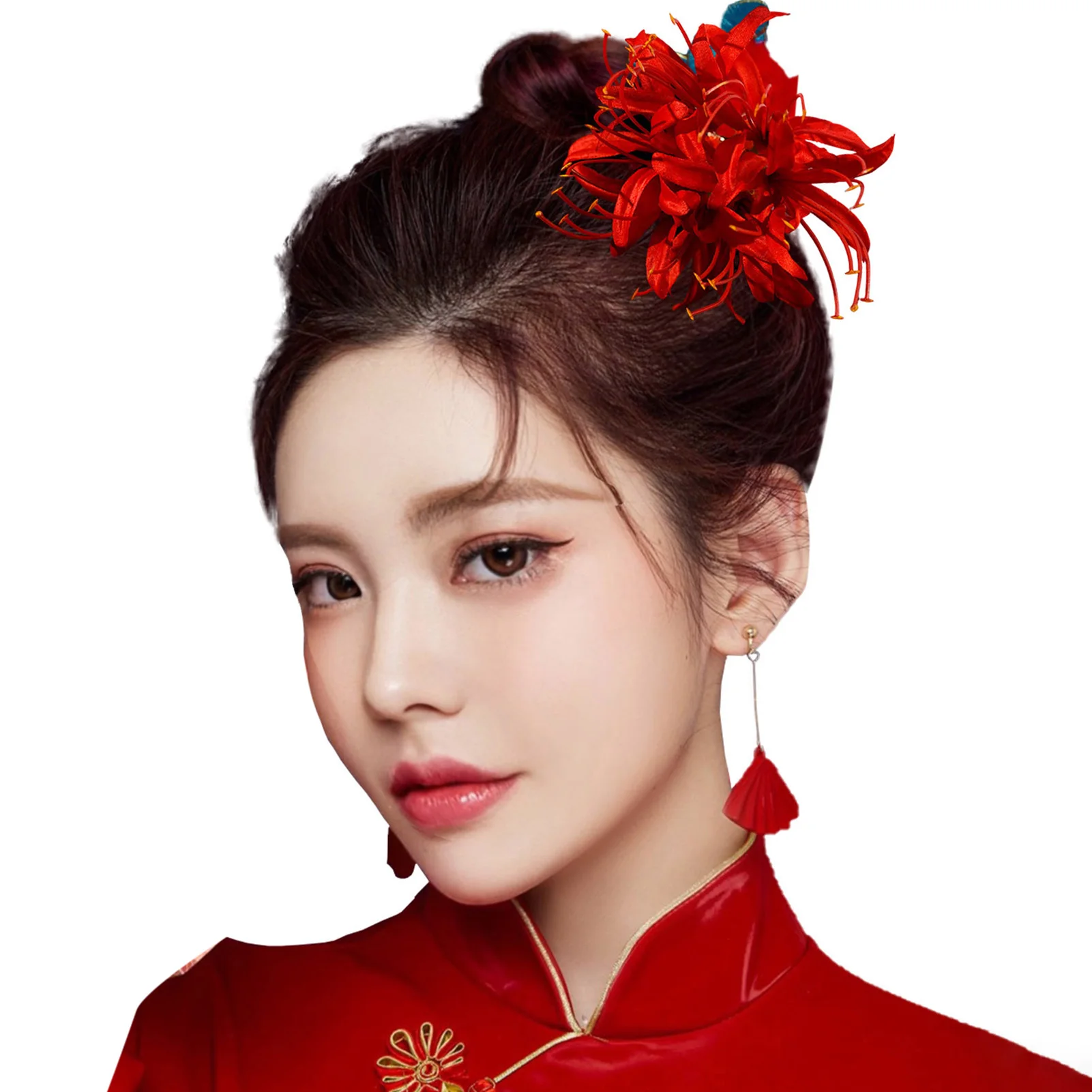 Simulated Flower Hairpin Fine Workmanship Red  Lily Tassel Hairpin for Thick Curly Hair Styling Decorative